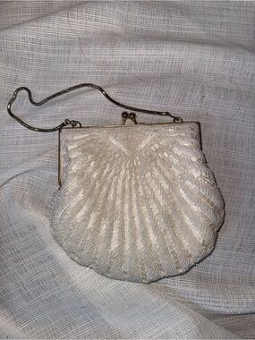 Ivory Beaded Shell-Clutch with Metallic Chain